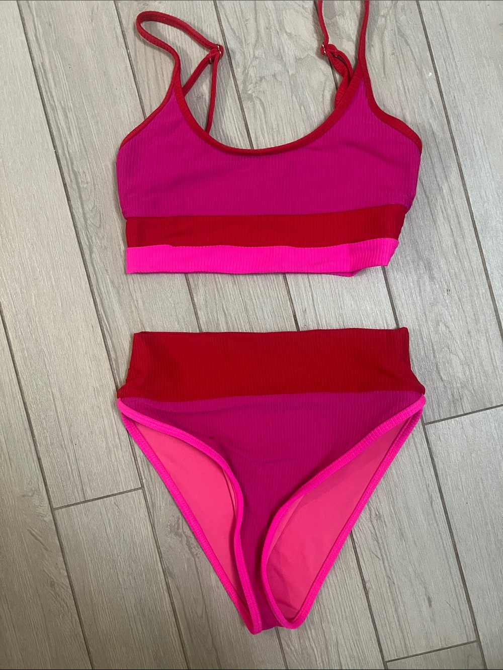Beach Riot Hot Pink & Red Ribbed Colorblock Bikini